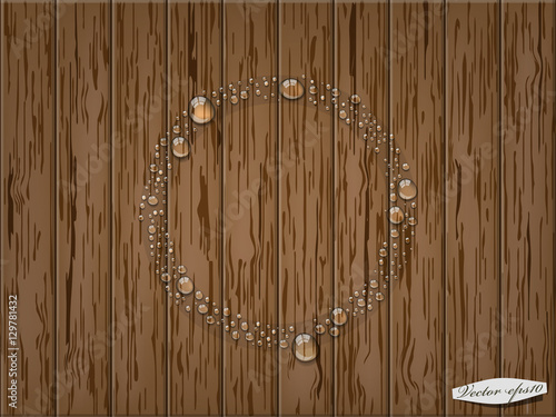 realistic graphic design vector of transparent water drop in circle form on wood table
