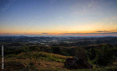 Mountain fog light morning sunrise.