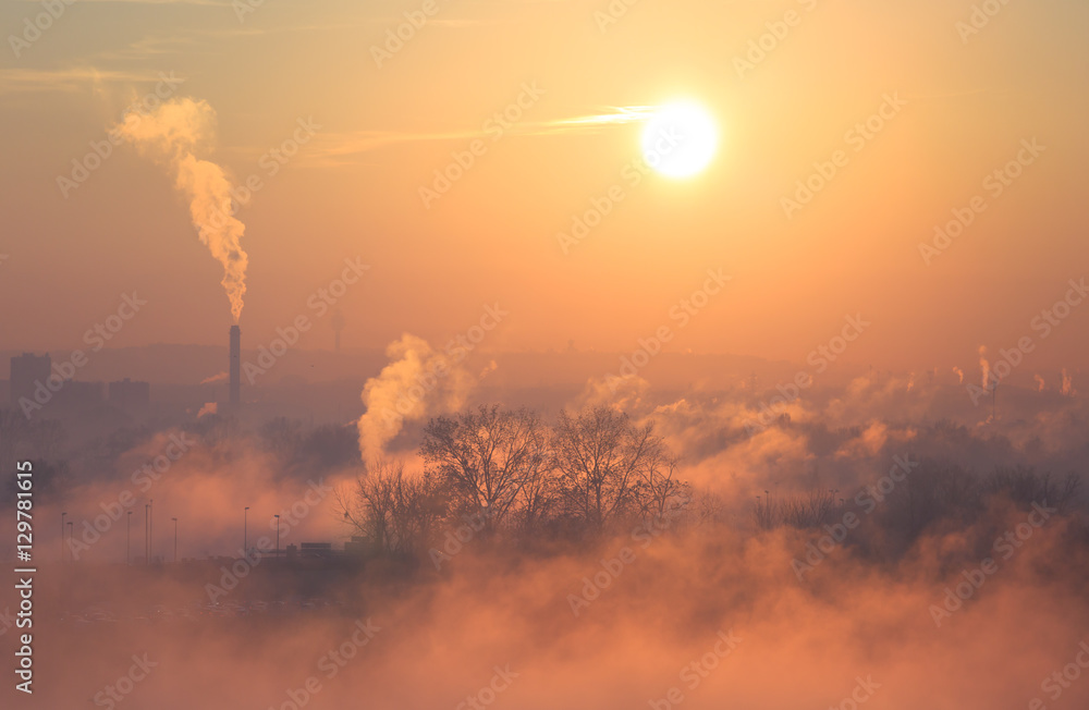 Plakat Smog, mgła i zanieczyszczenia w Lyonie podczas zimowego wschodu słońca.