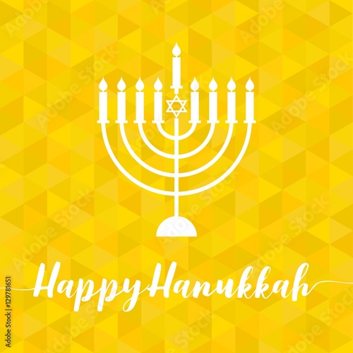 Happy Hanukah calligraphic with menorah, silhouette design vector with geometric yellow triangle background