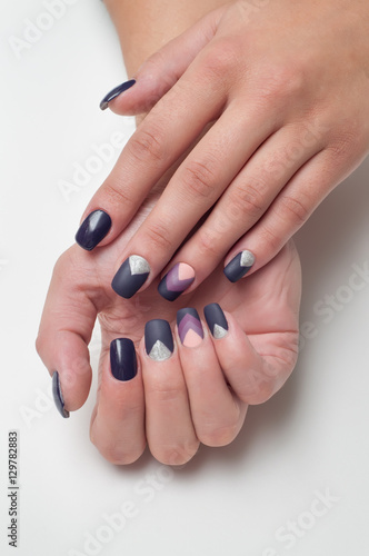 Matte Purple manicure with silver and triangles on the long square nails