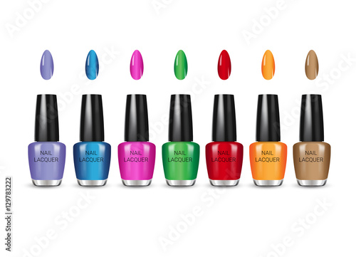 Vector illustration of realistic nail polish in glass bottles on white background