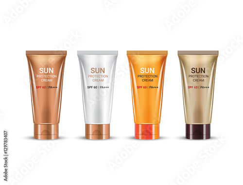 Vector illustration of realistic tubes of sun protection cream on white background.