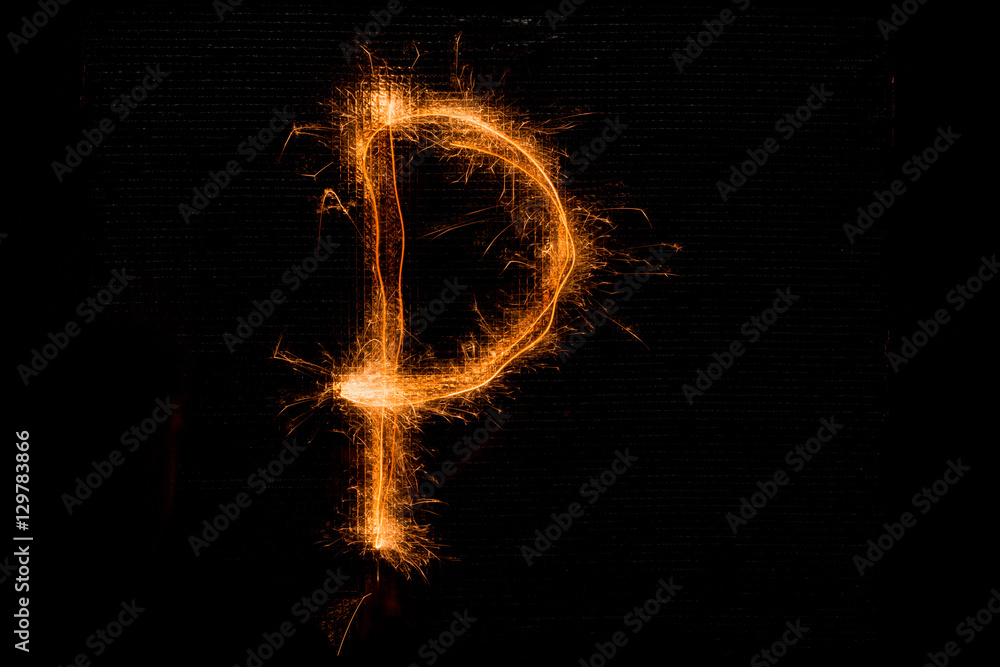 Letter P made of sparklers on black - obrazy, fototapety, plakaty 
