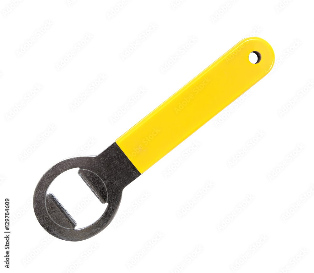 bottle opener on white background.Yellow bottle opener isolated bottle opener on white background.Yellow bottle opener isolated