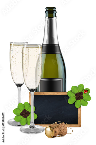 2017 Silvester new years eve champagne bottle glasses empty blackboard decorated with four leaf clover and ladybug isolated on white background