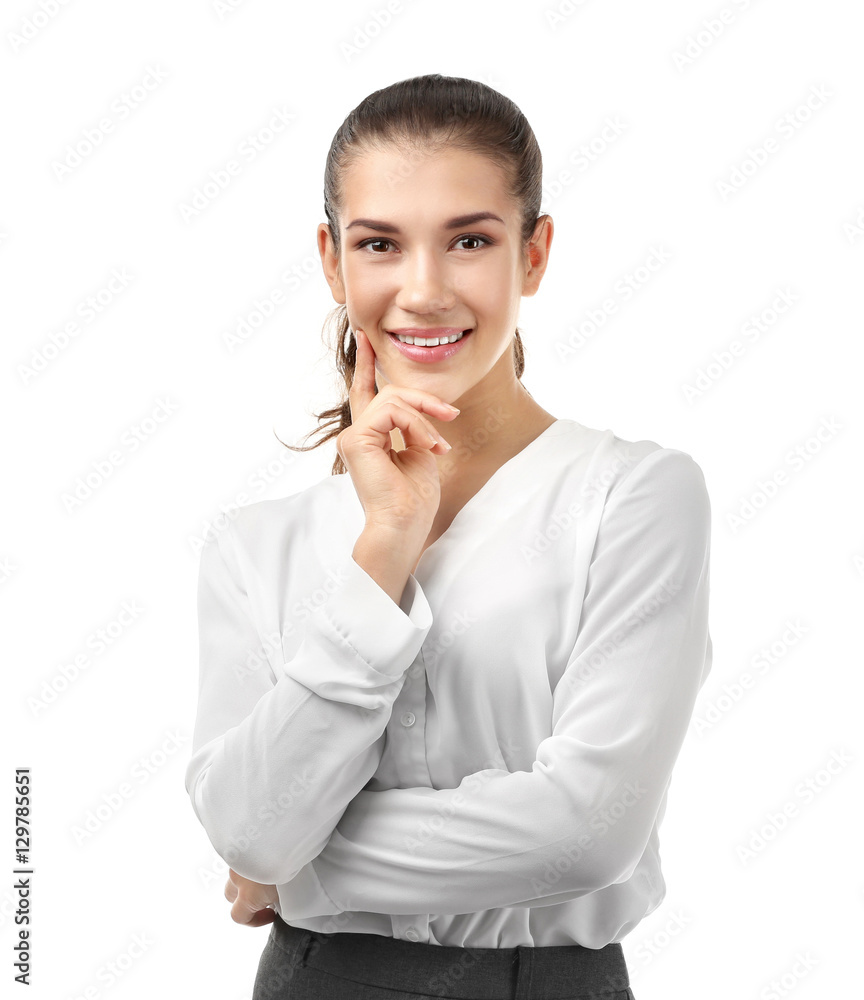 Young beautiful businesswoman on white background Young beautiful businesswoman on white background