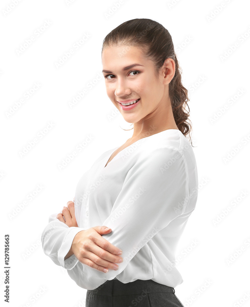 Young beautiful businesswoman on white background Young beautiful businesswoman on white background