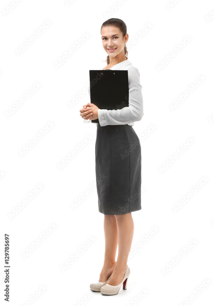 Young businesswoman with clipboard on white background Young businesswoman with clipboard on white background