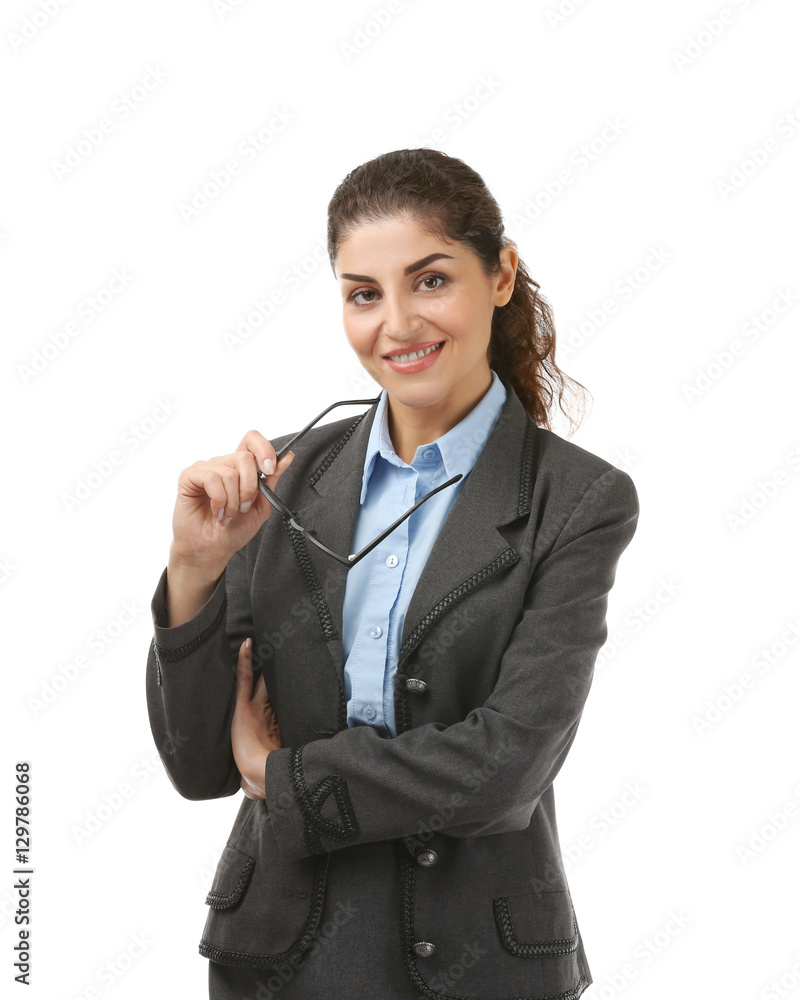 Young beautiful businesswoman on white background Young beautiful businesswoman on white background