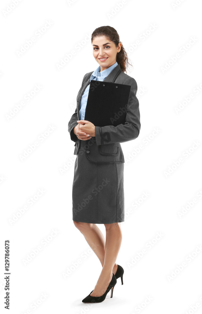 Young businesswoman with clipboard on white background Young businesswoman with clipboard on white background