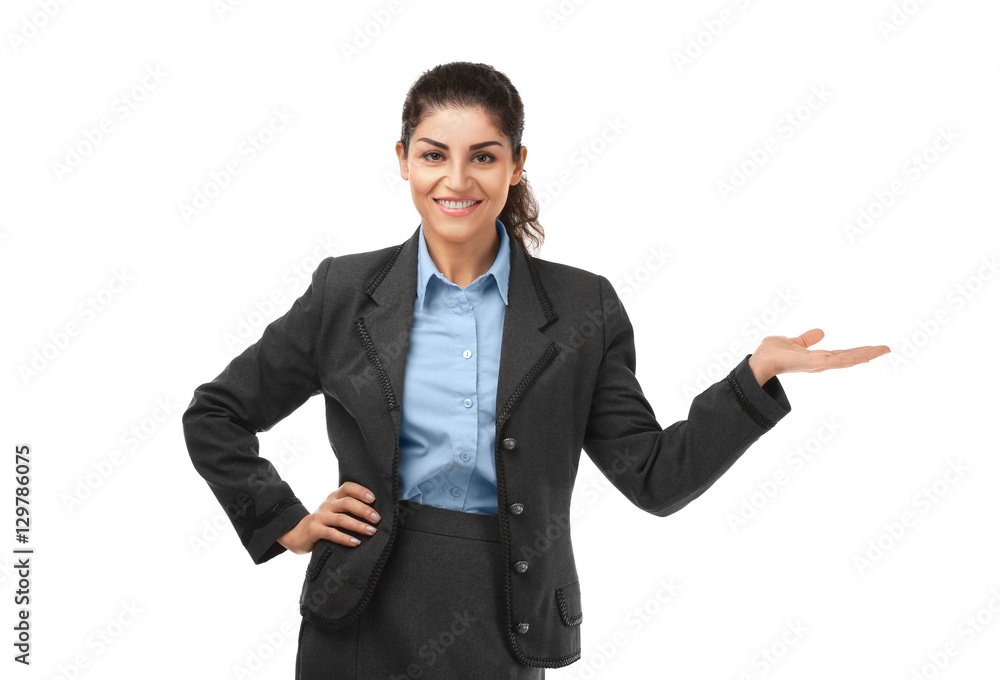 Young beautiful businesswoman on white background Young beautiful businesswoman on white background