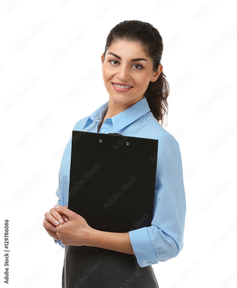 Young businesswoman with clipboard on white background Young businesswoman with clipboard on white background