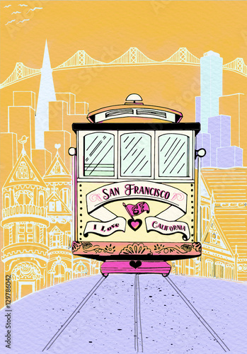Photography Hand drawn,Flat trendy illustration of San Francisco landmarks a