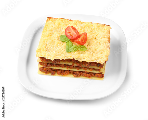 Italian lasagna on  plate, white background