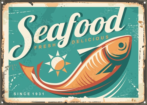 Seafood restaurant vintage style signpost design concept with fish illustration on turquoise blue background