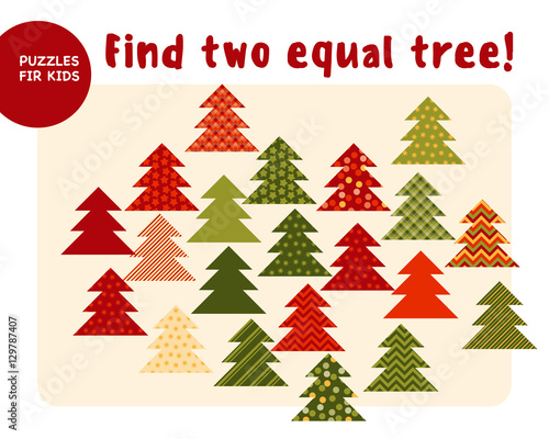 Little Christmas trees in traditional color style. Kid mind game