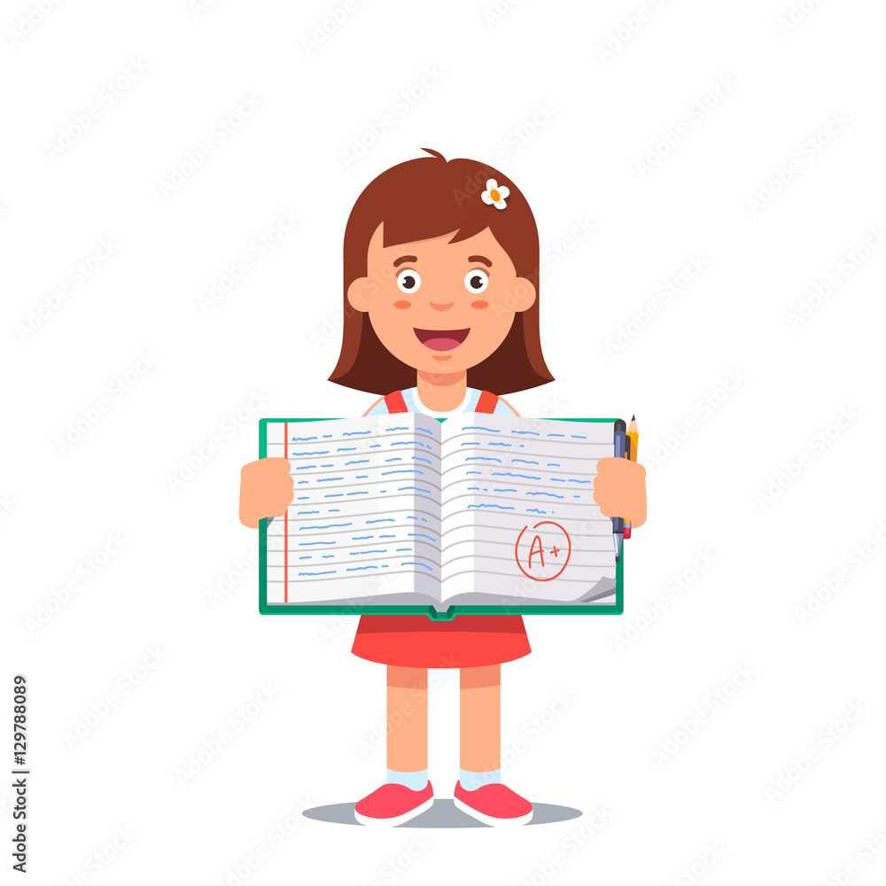 Girl and open school workbook with handwriting Girl and open school workbook with handwriting