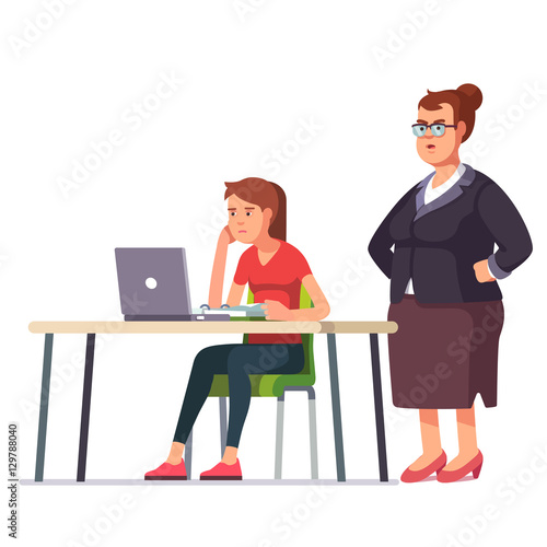 Boss woman looking at exhausted employee