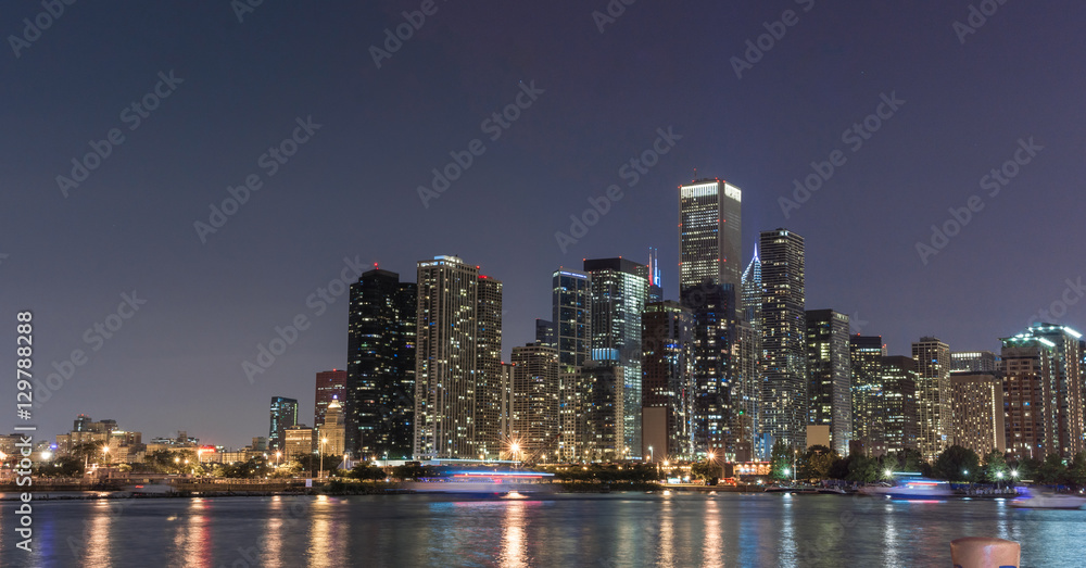 Chicago Skyline and lake Michigan on a hot summer night