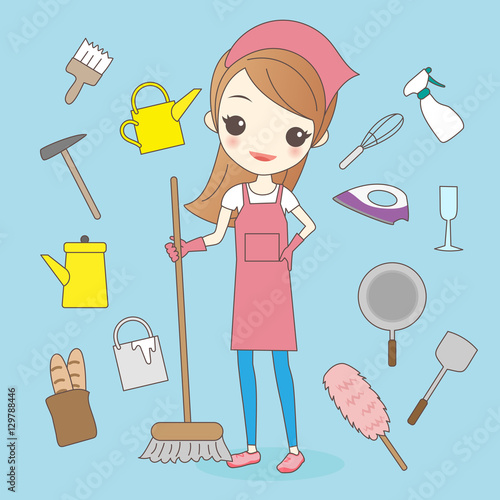 cartoon housewife do housework cleaning