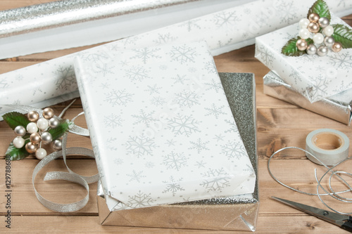 Group Of Wrapped Christmas Gifts, Silver Wrapping Paper, Decorat