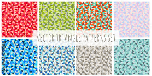 Abstract Christmas triangle patterns set. Red, blue, green, brown, purple vector winter seamless backgrounds