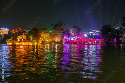 Night view of the Huc Bridge in middle of the Hoan Kiem Lake