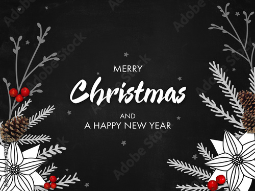 Christmascard with  winterly decoration on chalkboard (english)