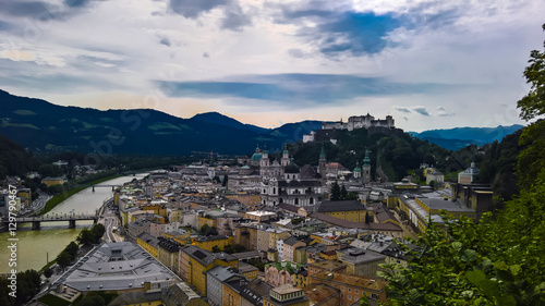 Aerial cityscape panorama view to Salzburg old city, Austria
