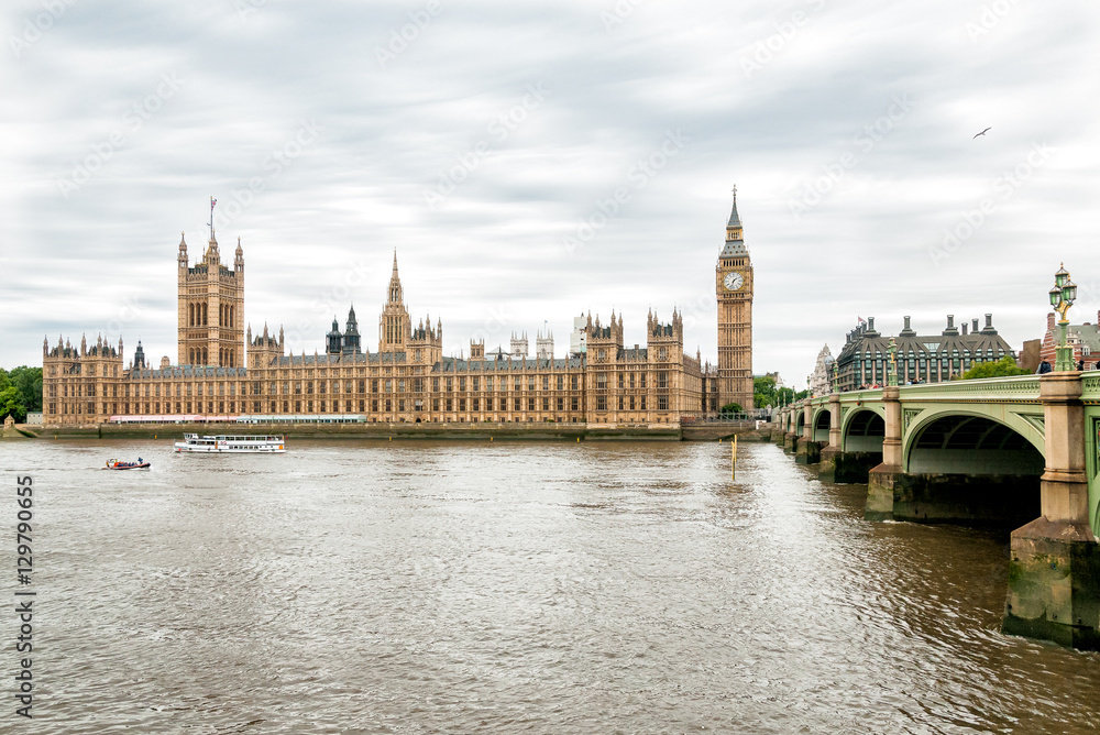 London - view of Thames river, Big Ben clock tower, Houses of Parliament and Westminster bridge, United Kingdom.