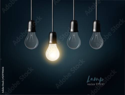 Vector Light bulb on dark grey background. Realistic style lamp.
