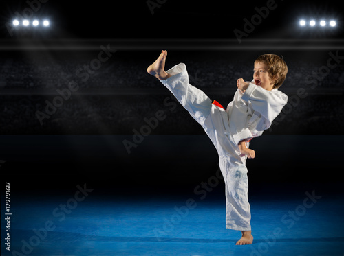 Boy martial arts fighter in sports hall