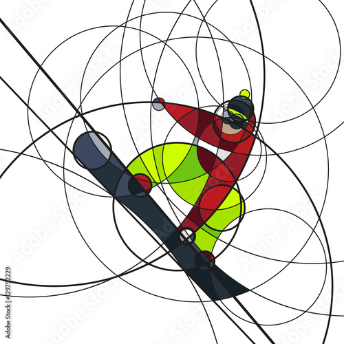 Vector illustration snowboarder in red and green dress on white background. abstract image made with circles. winter sport