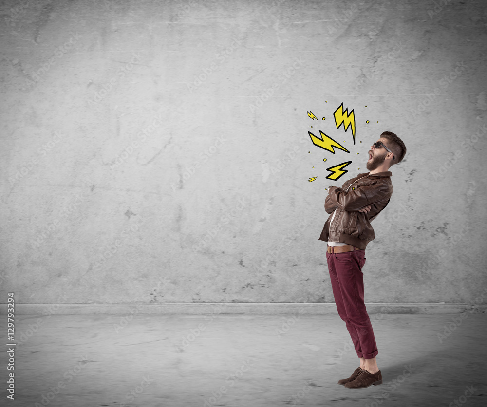 Funny hipster in fashion clothing shouting Funny hipster in fashion clothing shouting