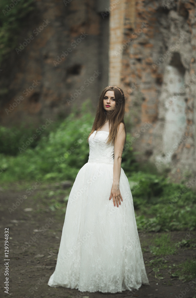 Gorgeous romantic gentle stylish beautiful caucasian bride on the background ancient baroque castle Gorgeous romantic gentle stylish beautiful caucasian bride on the background ancient baroque castle
