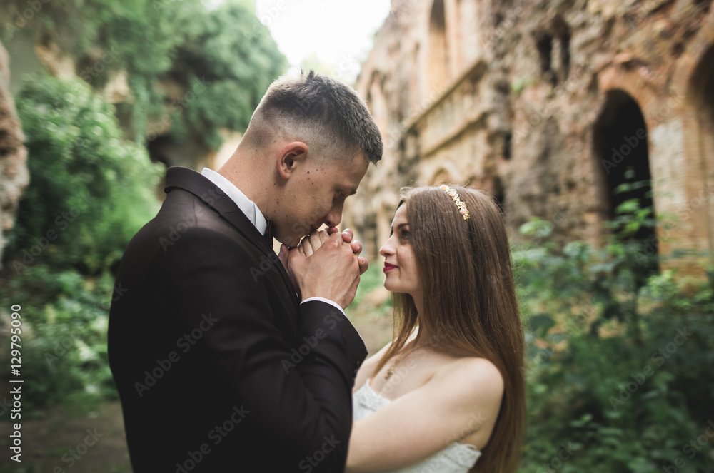 Sensual married couple, valentines hugging in front of old slavic castle