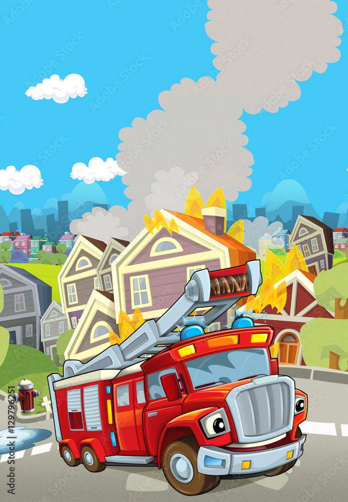 Cartoon stage with truck for firefighting - colorful and cheerful scene - illustration for children