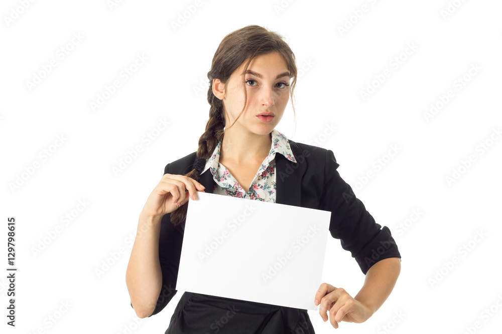 woman in uniform with white placard in hands woman in uniform with white placard in hands