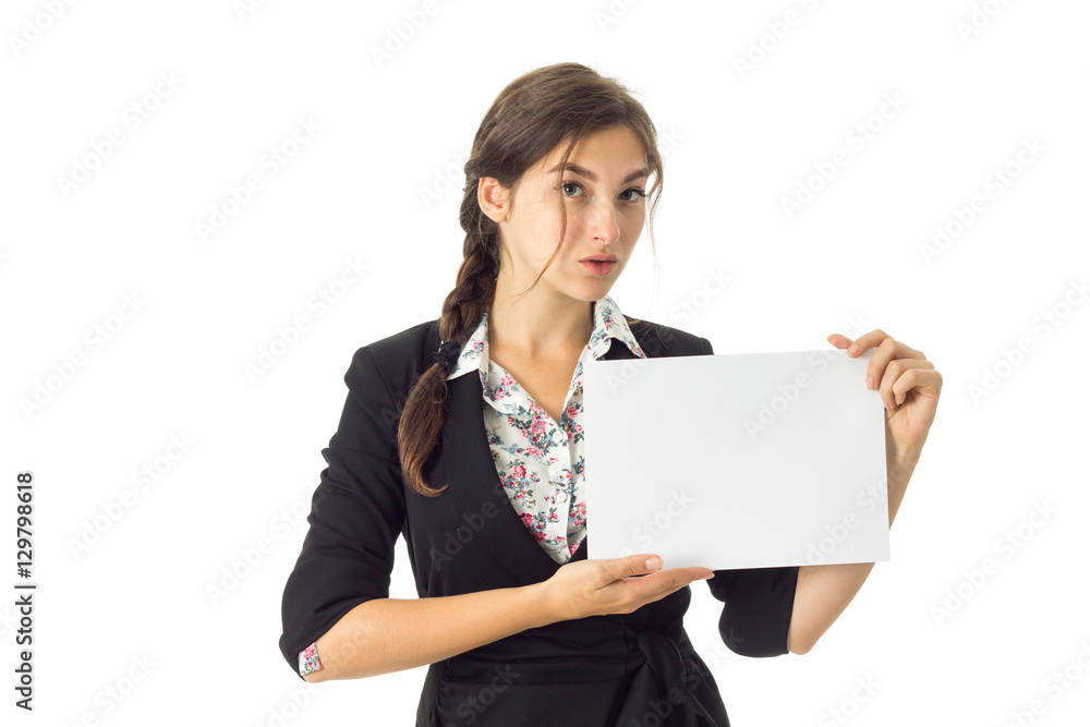 woman in uniform with white placard in hands woman in uniform with white placard in hands
