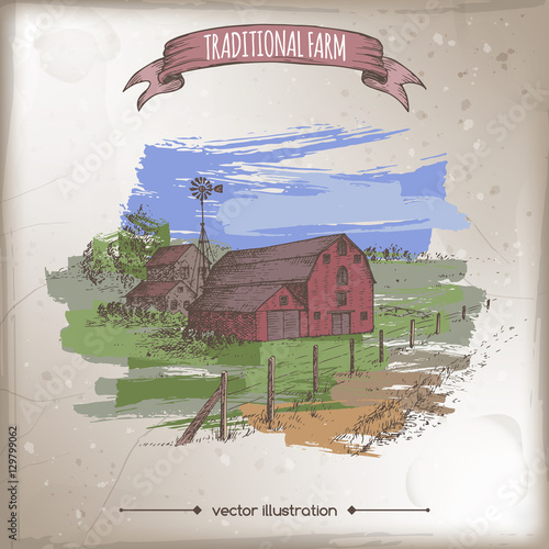 Traditional farm house, barn and pasture color vector sketch.