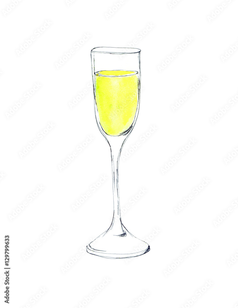 Isolated watercolor champagne glass on white background.