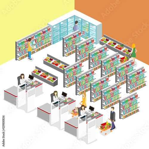 Isometric interior of grocery store.