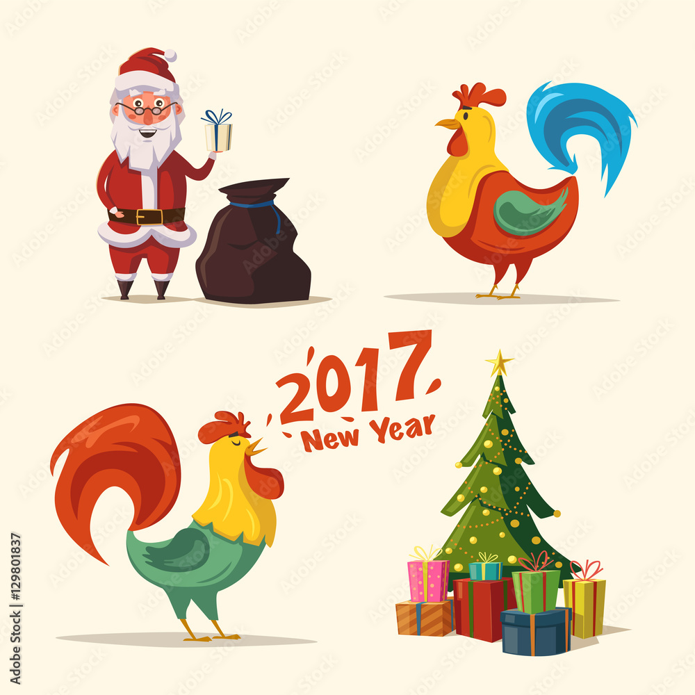 Cartoon vector illustration. Santa Claus and Christmas tree. Fire rooster