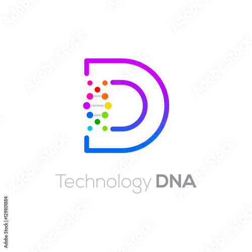 Letter D colorful with abstract biotechnology dna logotype. Medicine, science, laboratory,Technology DNA vector concept