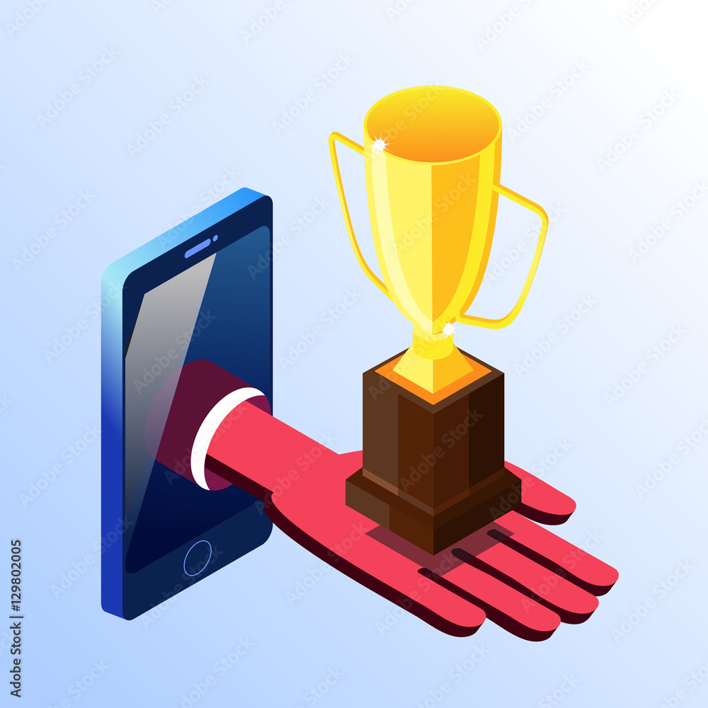 Isometric smartphone showing hand with prize cup Isometric smartphone showing hand with prize cup