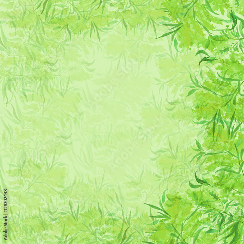 Watercolor Vintage background from twigs, flowers, leaves, abstraction. Background, Card, Frame. Green color