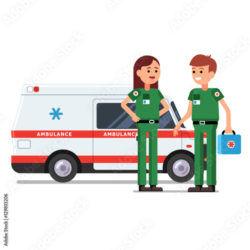 Two paramedics workers in front of ambulance car