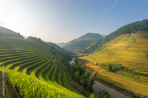 Morning Light and beautiful mountain of rice field on terrace in Vietnam Landscape.