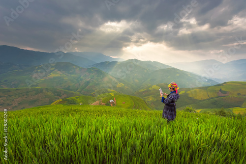 Farmer hold a Smart phone and Keep rice on rice field in Vietnam. Vietnam Landscape © jitipeera